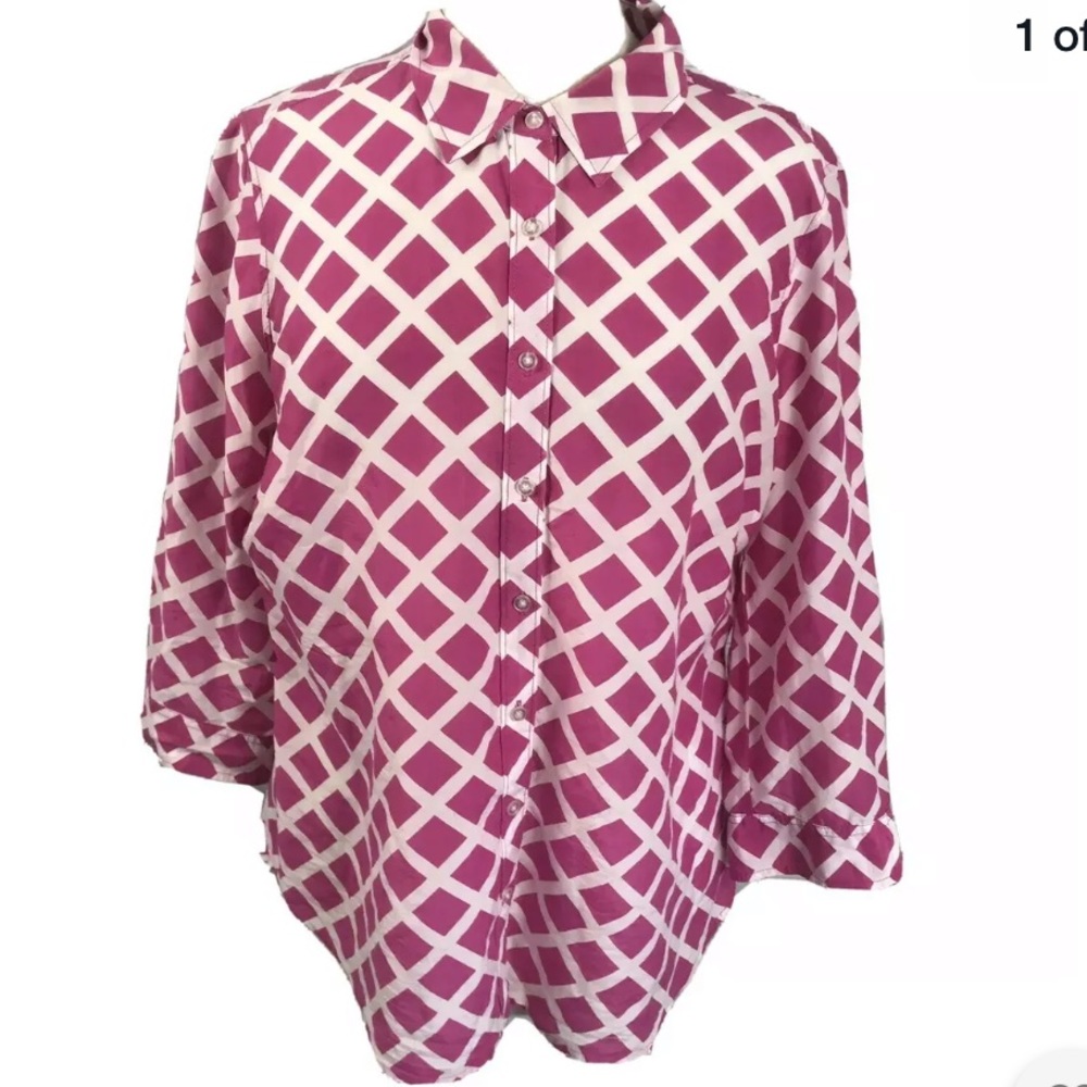 JCP shirt pink white Checks squares silk blend lar